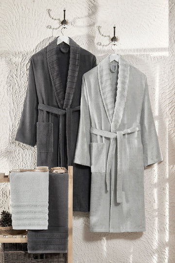 Carla 4'lü Set Havlulu Bornoz Seti Açık Gri/Antrasit