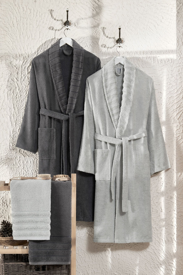 Carla 4'lü Set Havlulu Bornoz Seti Açık Gri/Antrasit