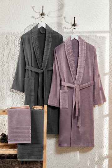 Carla 4'lü Set Havlulu Bornoz Seti Antrasit/Mürdüm