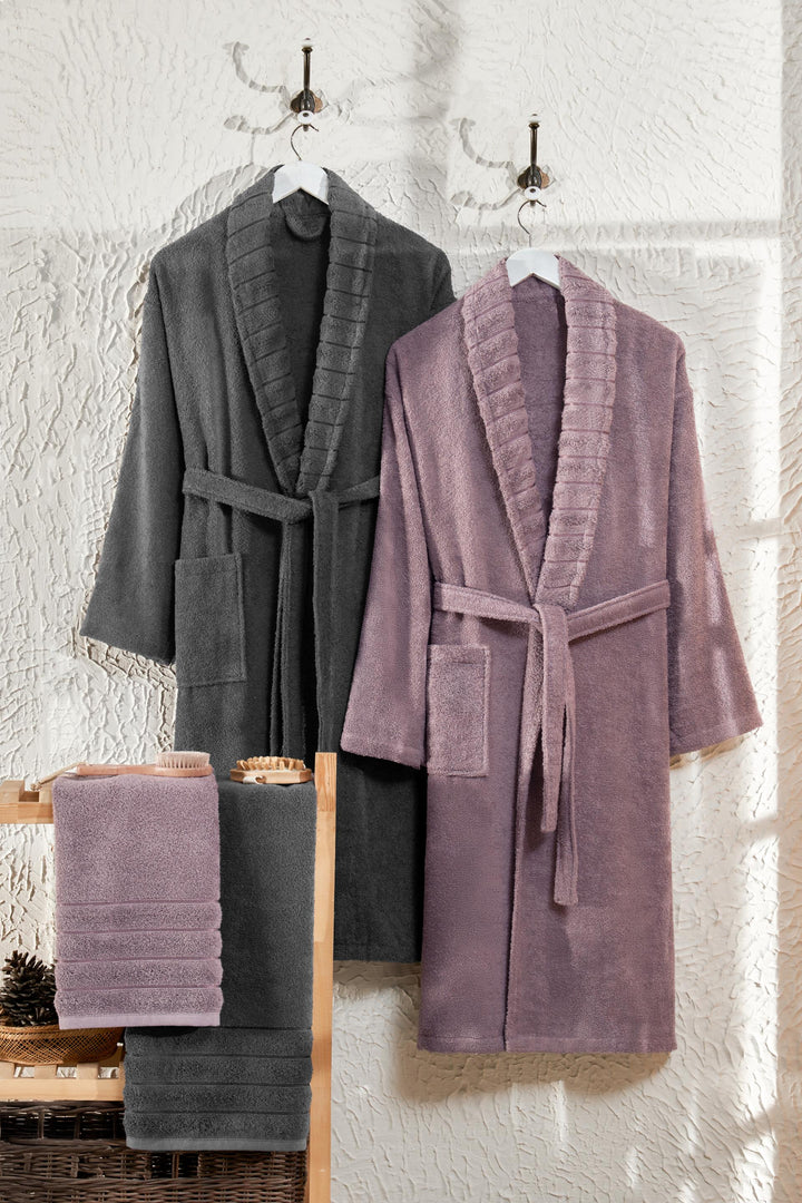 Carla 4'lü Set Havlulu Bornoz Seti Antrasit/Mürdüm