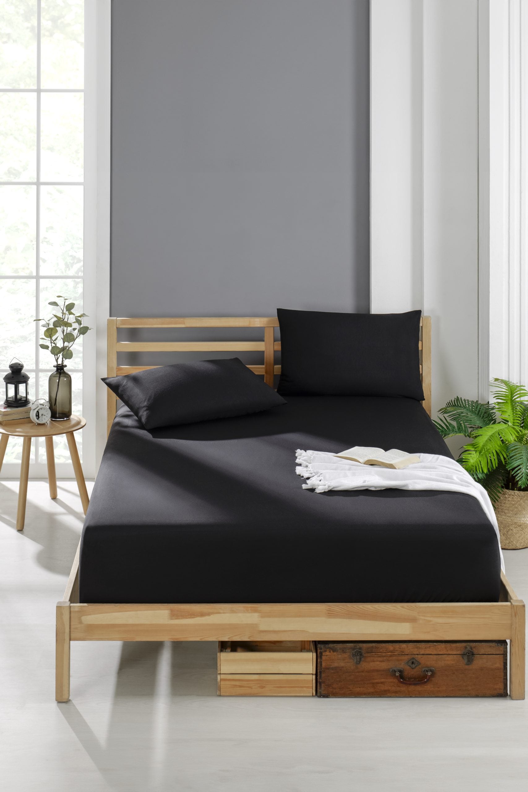 Pamuklu Ranforce Kumaş Lastikli Fitted Yastıklı Çarşaf Seti (5 Ebat) Siyah