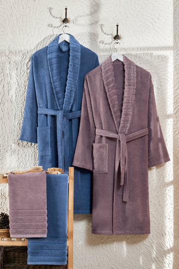 Carla 4'lü Set Havlulu Bornoz Seti Açık Lacivert/Mürdüm