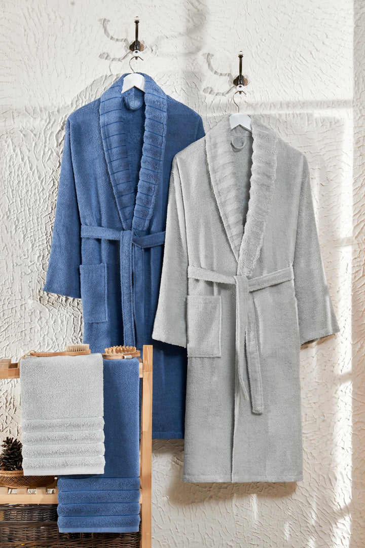 Carla 4'lü Set Havlulu Bornoz Seti Lacivert/Açık Gri