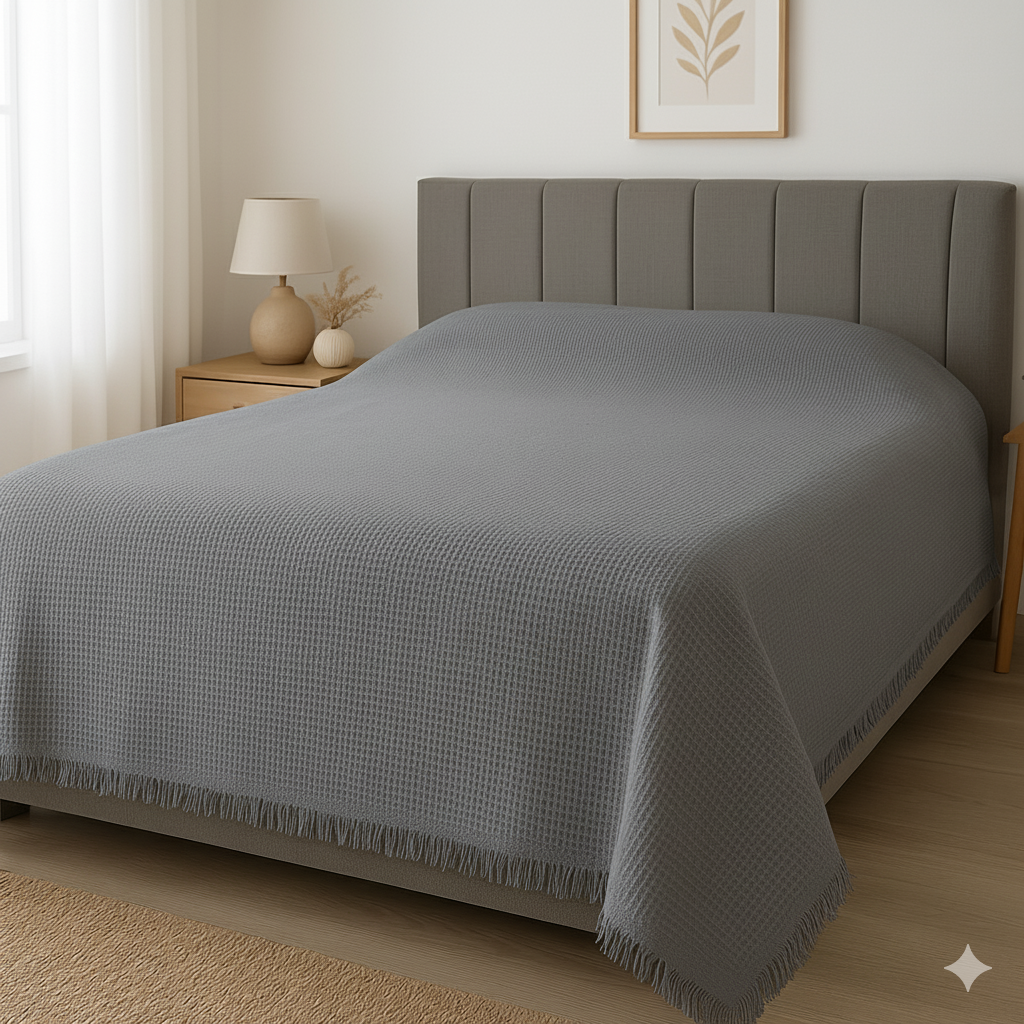 Pamuklu Saçaklı Waffle Otel Pikesi Tek ve Çift Kişilik Seçenekli Antrasit