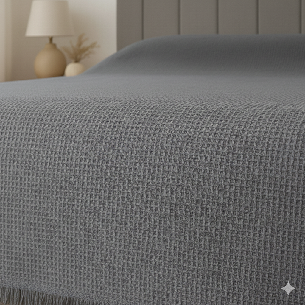 Pamuklu Saçaklı Waffle Otel Pikesi Tek ve Çift Kişilik Seçenekli Antrasit