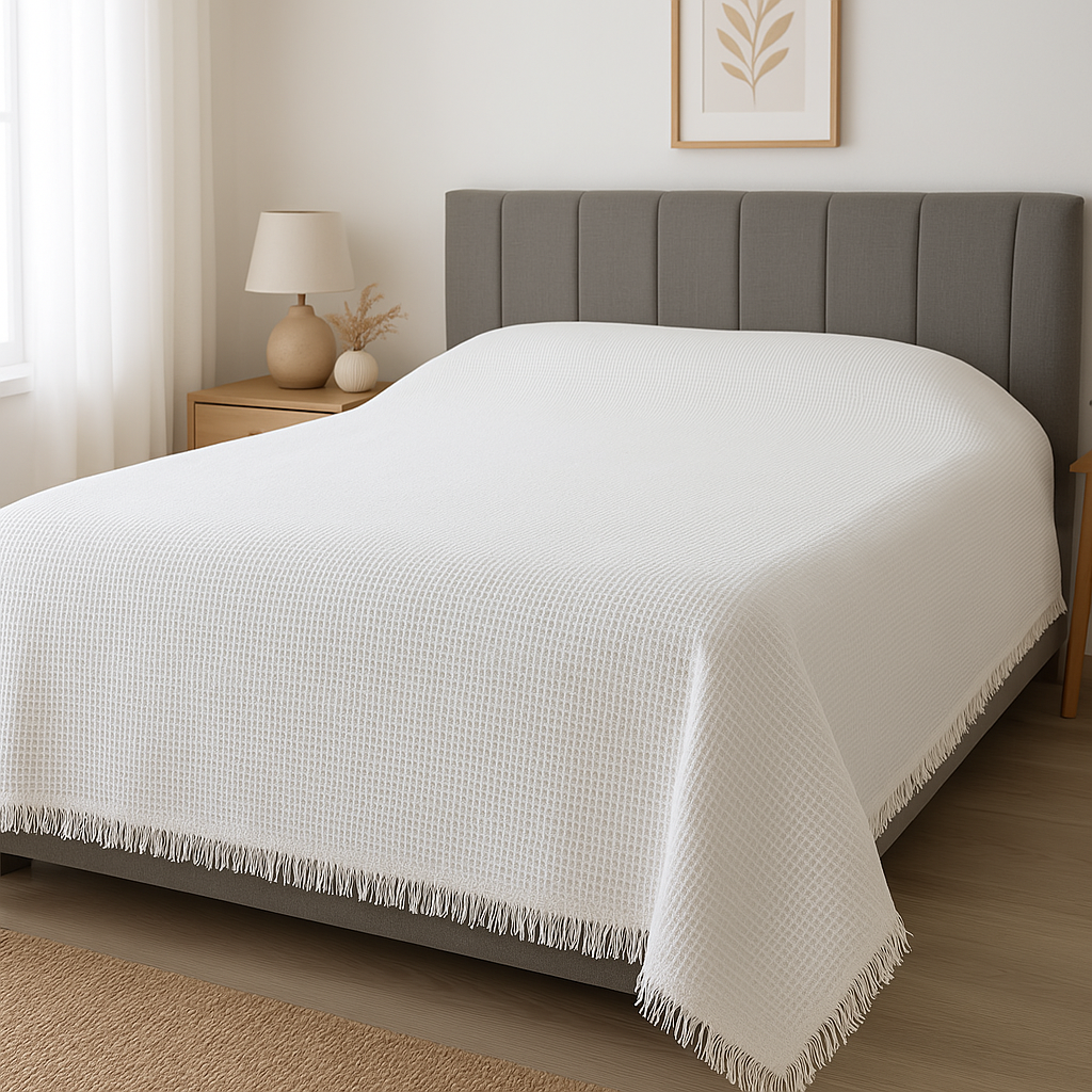 Pamuklu Saçaklı Waffle Otel Pikesi Tek ve Çift Kişilik Seçenekli Beyaz