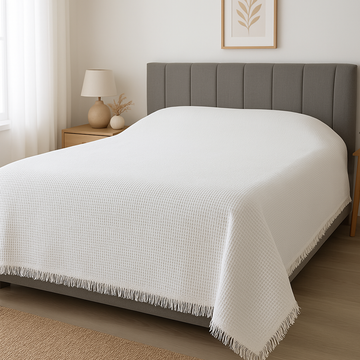 Pamuklu Saçaklı Waffle Otel Pikesi Tek ve Çift Kişilik Seçenekli Beyaz