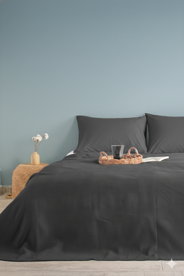 Pamuklu Dama Desenli Pike, Damalı Otel Pikesi, Tek ve Çift Kişilik Seçenekli Antrasit