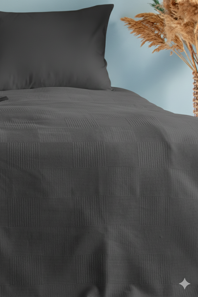 Pamuklu Dama Desenli Pike, Damalı Otel Pikesi, Tek ve Çift Kişilik Seçenekli Antrasit