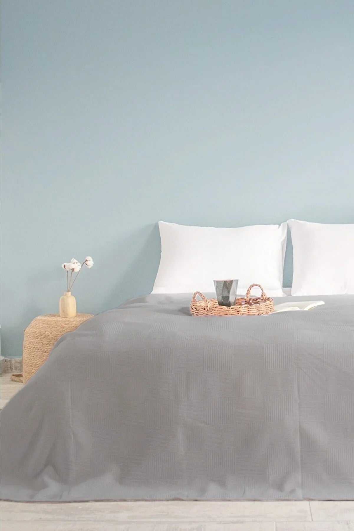 Pamuklu Dama Desenli Pike, Damalı Otel Pikesi, Tek ve Çift Kişilik Seçenekli Gri