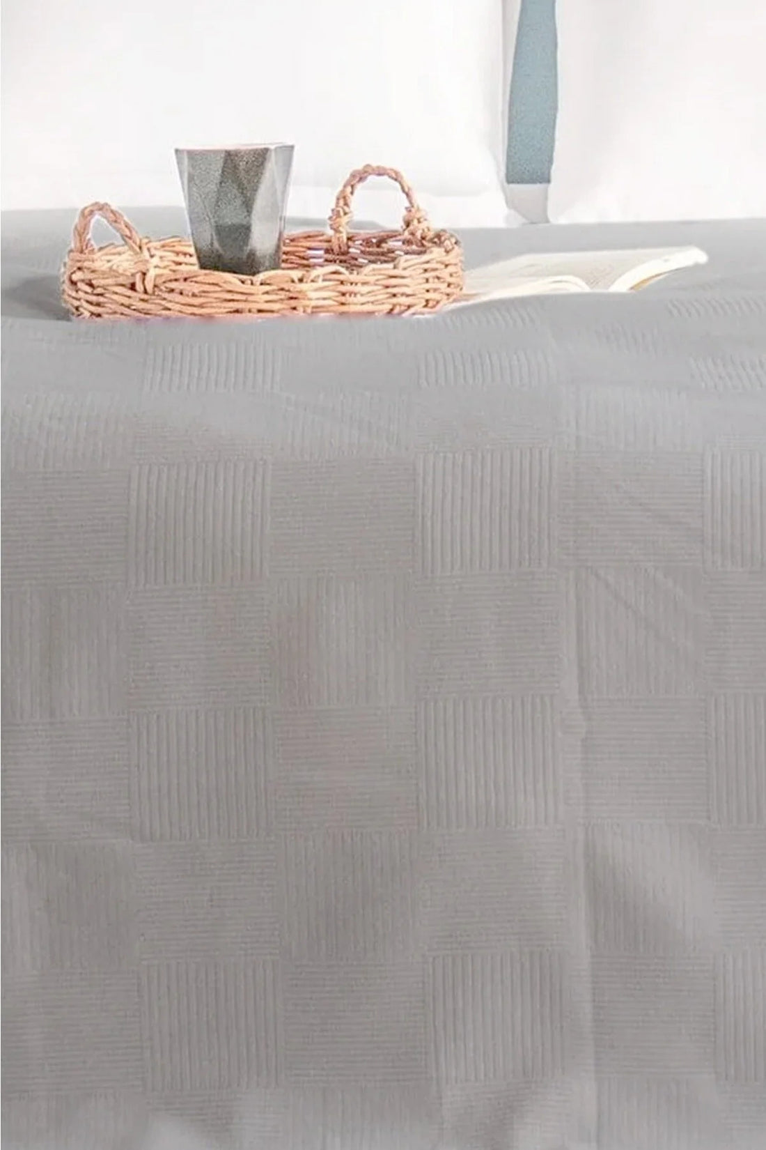 Pamuklu Dama Desenli Pike, Damalı Otel Pikesi, Tek ve Çift Kişilik Seçenekli Gri