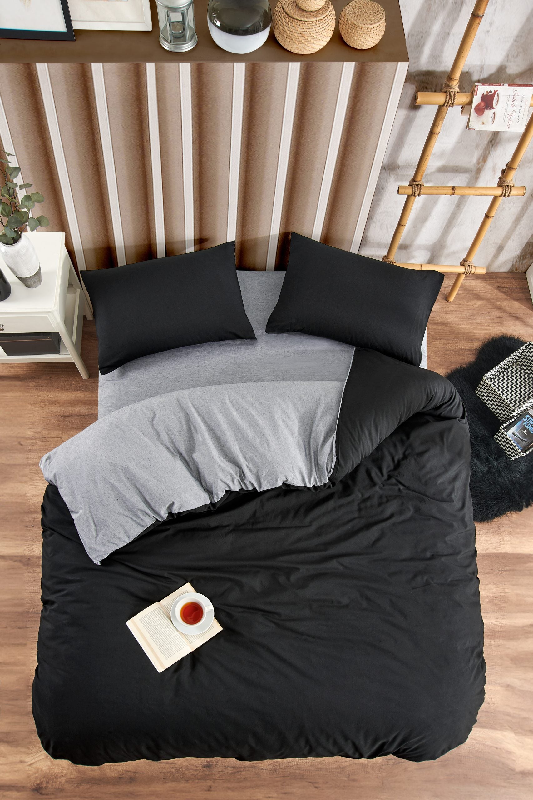 Pamuklu Nevresim Takımı Lastikli Çarşaflar Tek ve Çift Kişilik Seçenekli Siyah Antrasit