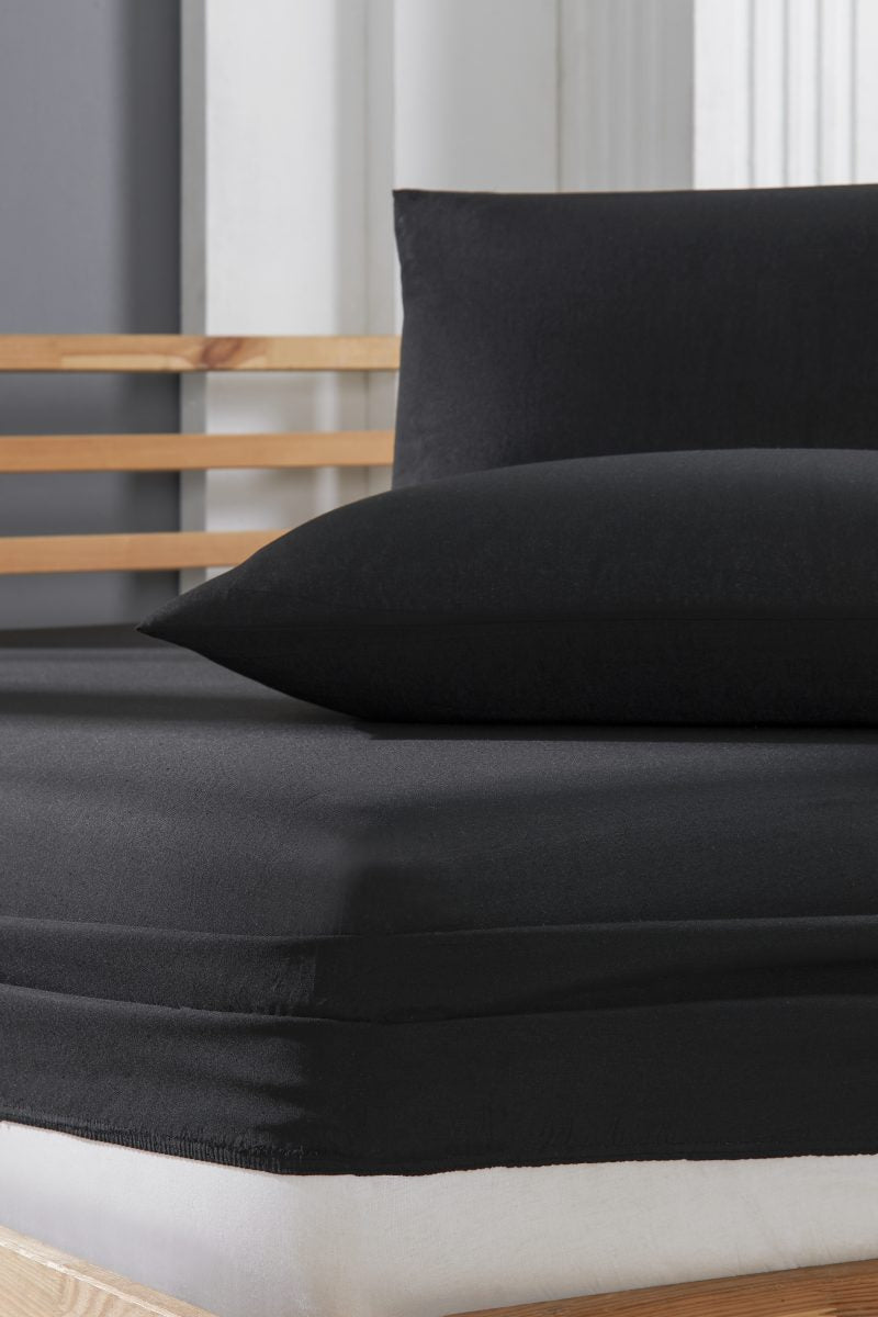 Pamuklu Ranforce Kumaş Lastikli Fitted Yastıklı Çarşaf Seti (5 Ebat) Siyah
