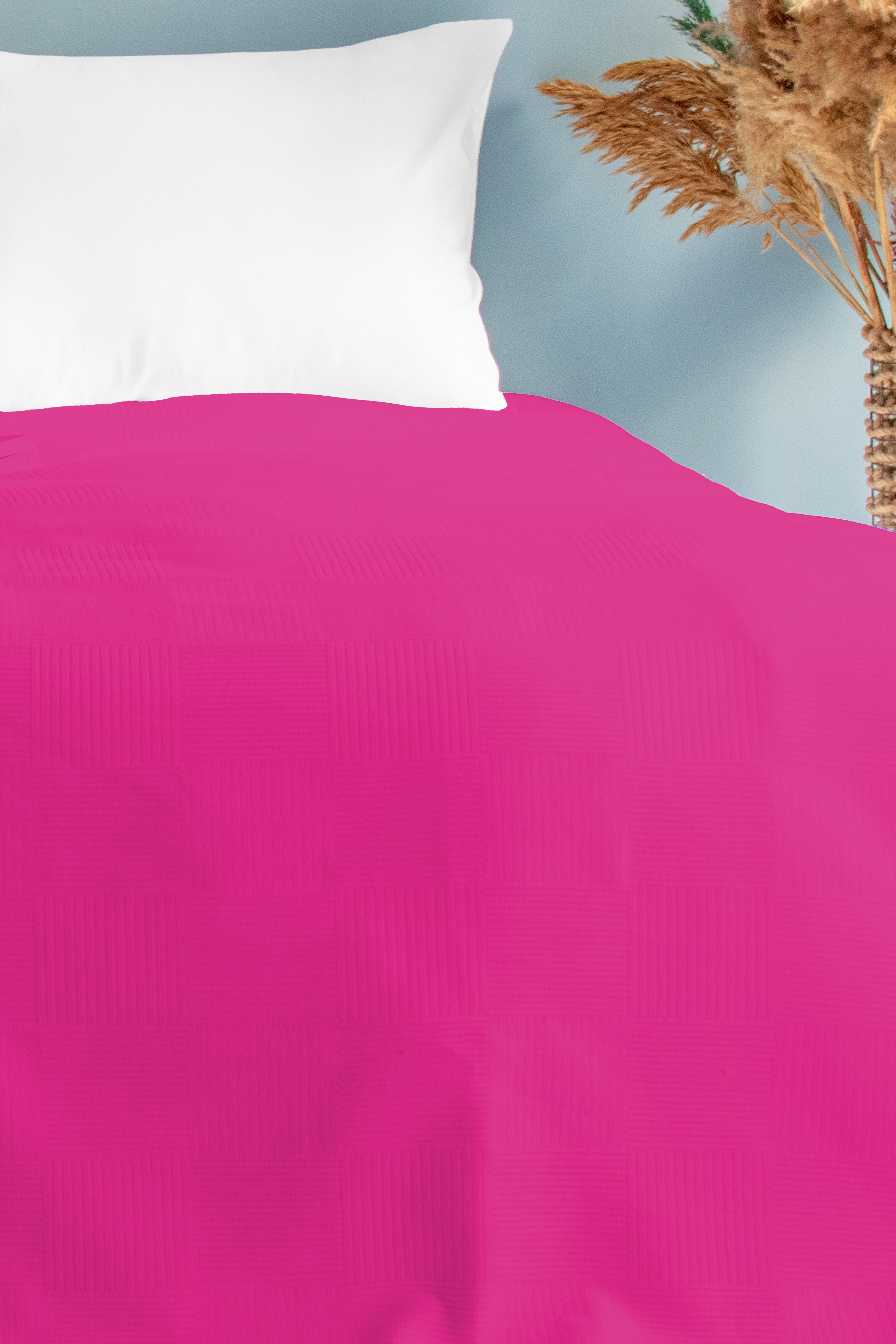 Pamuklu Dama Desenli Pike, Damalı Otel Pikesi, Tek ve Çift Kişilik Seçenekli Fuşya