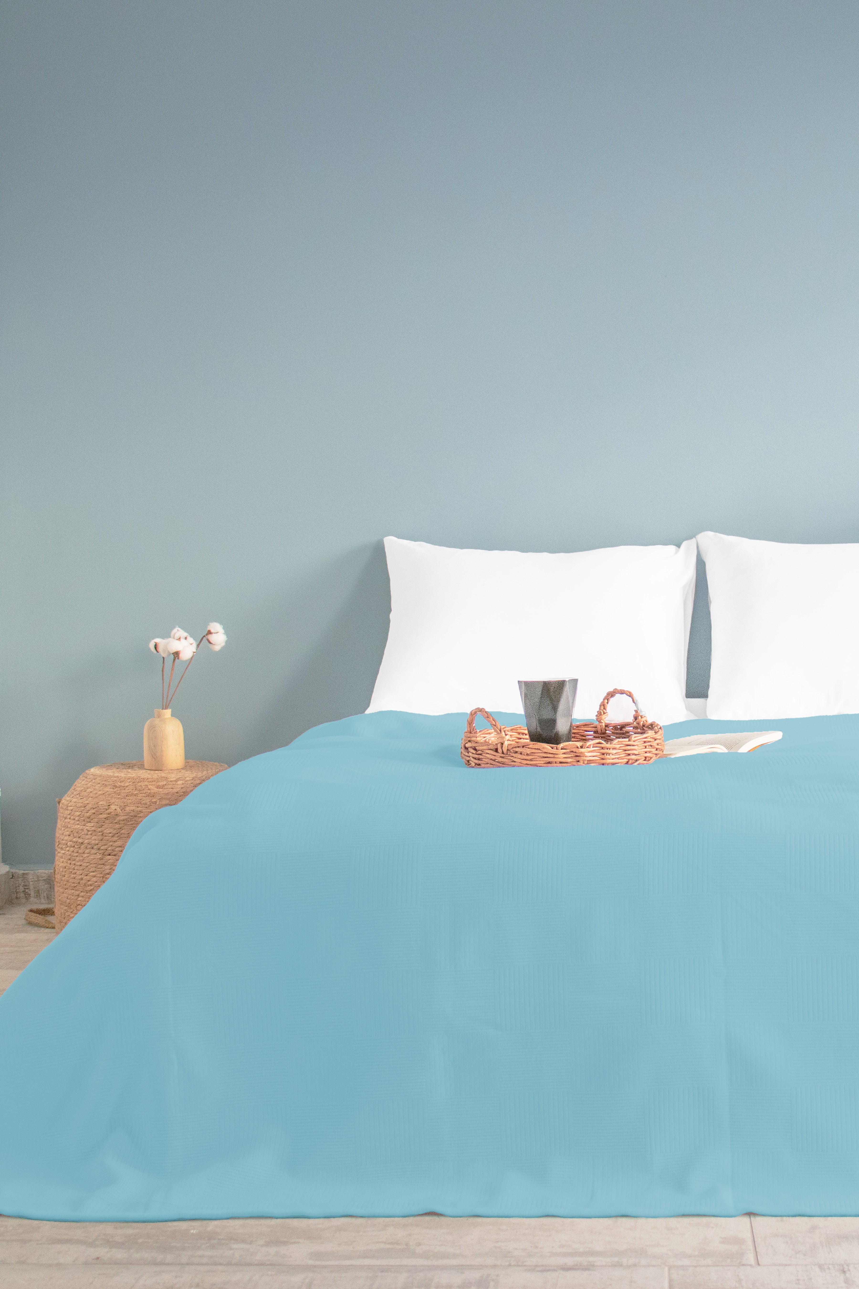 Pamuklu Dama Desenli Pike, Damalı Otel Pikesi, Tek ve Çift Kişilik Seçenekli Mavi