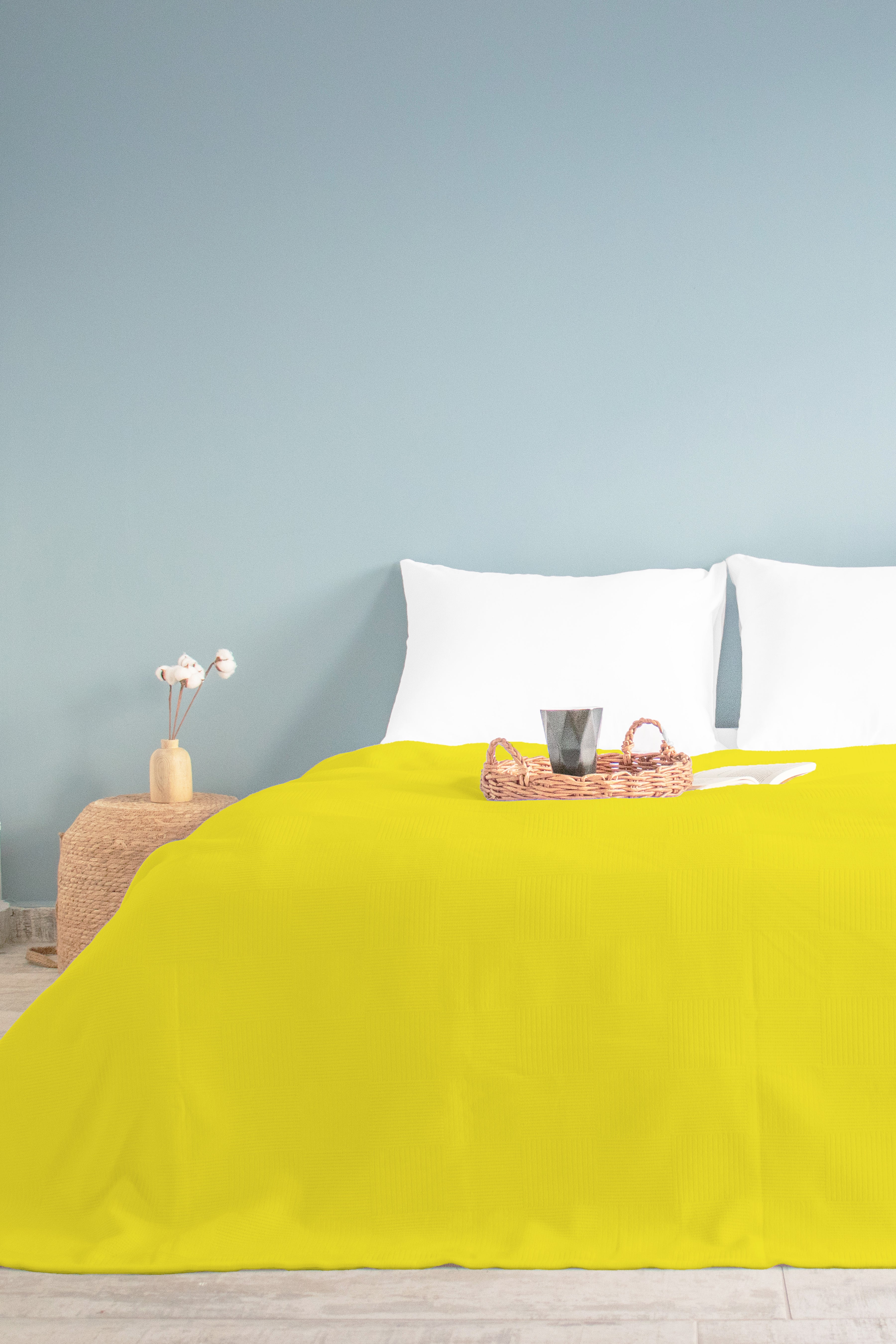 Pamuklu Dama Desenli Pike, Damalı Otel Pikesi, Tek ve Çift Kişilik Seçenekli Sarı