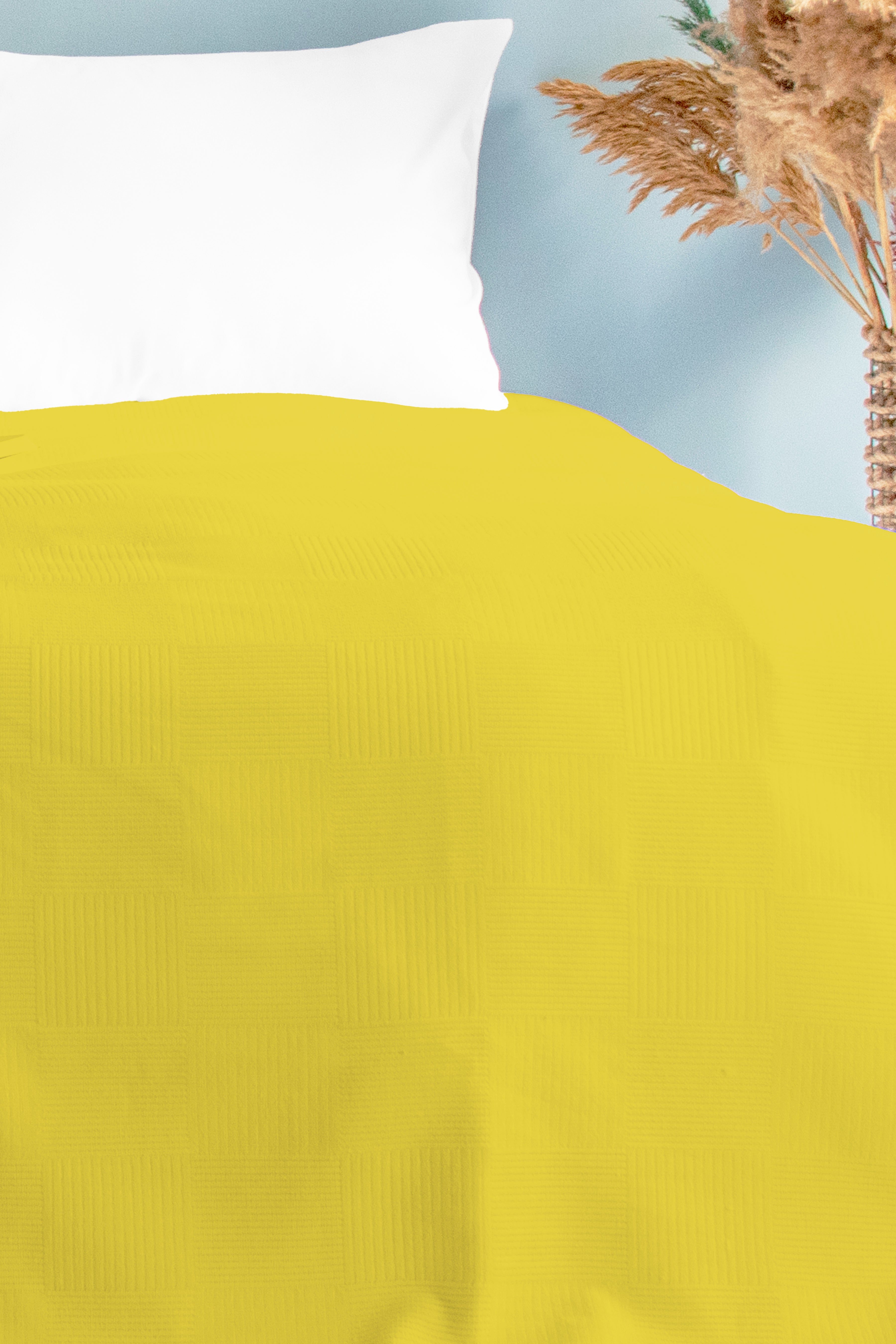 Pamuklu Dama Desenli Pike, Damalı Otel Pikesi, Tek ve Çift Kişilik Seçenekli Sarı